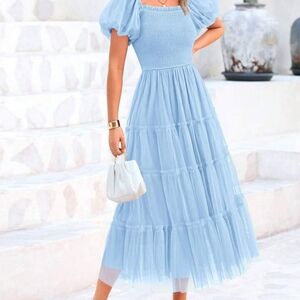 XXL Size 18/20 Light Blue Elegant Blue Smocked Tulle Dress